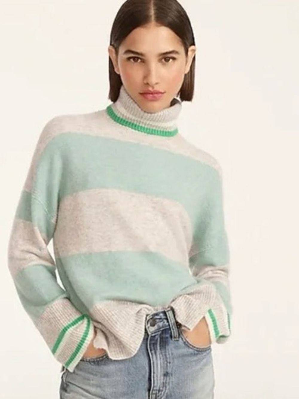 J.Crew‎ Striped Turtleneck Sweater Supersoft Yarn Size L Wool Blend Mint Gray